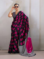Thumbnail for Monjolika Fashion Black & Hot Pink Satin Printed Saree - Distacart