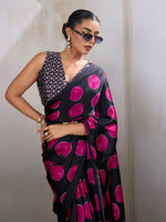 Thumbnail for Monjolika Fashion Black & Hot Pink Satin Printed Saree - Distacart