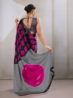 Thumbnail for Monjolika Fashion Black & Hot Pink Satin Printed Saree - Distacart