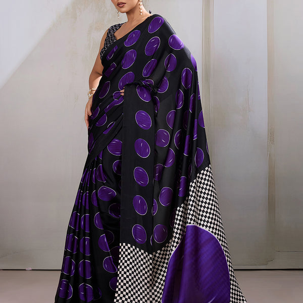 Monjolika Fashion Black & Violet Satin Printed Saree - Distacart