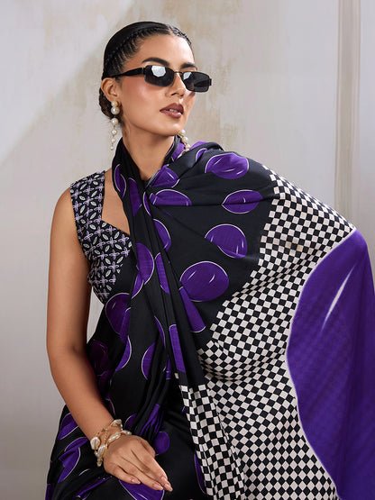 Monjolika Fashion Black & Violet Satin Printed Saree - Distacart