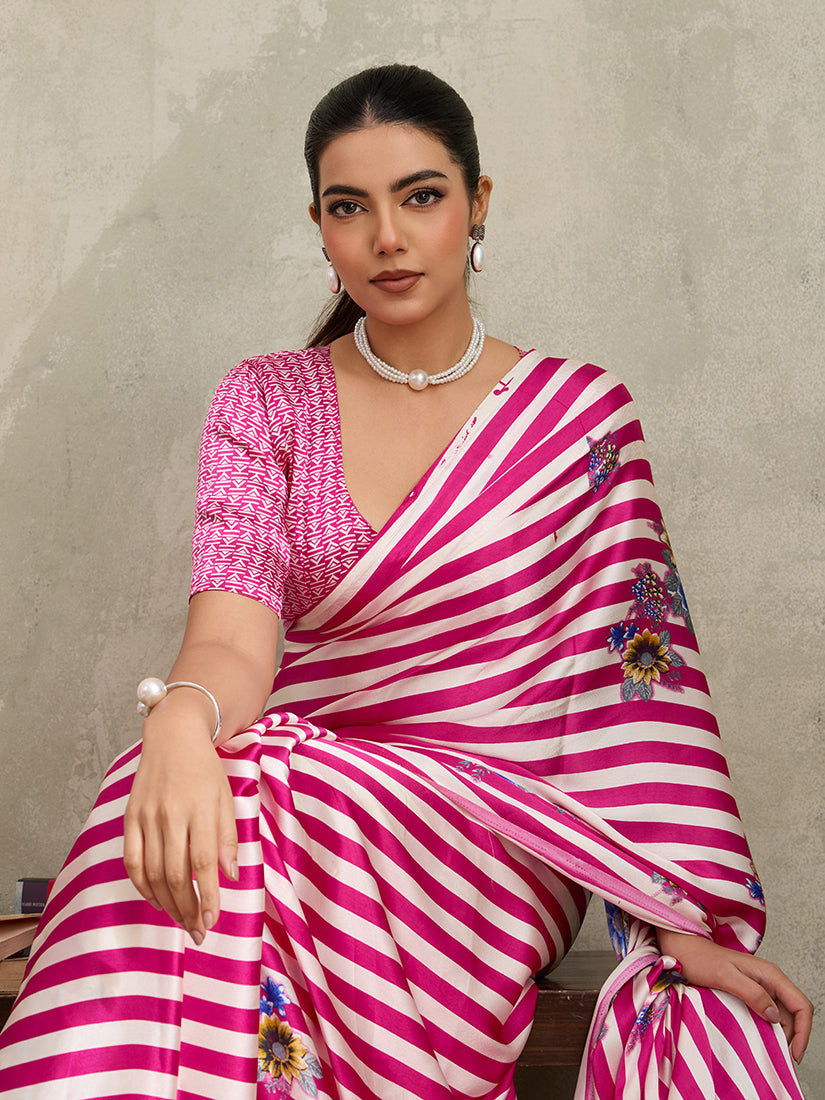 Monjolika Fashion Hot Pink Printed Satin Saree - Distacart