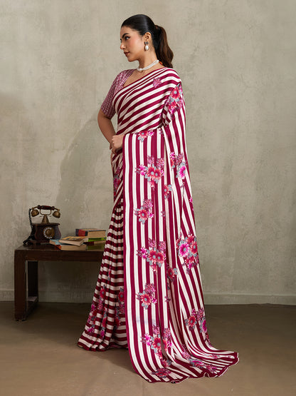 Monjolika Fashion Maroon Printed Satin Saree - Distacart