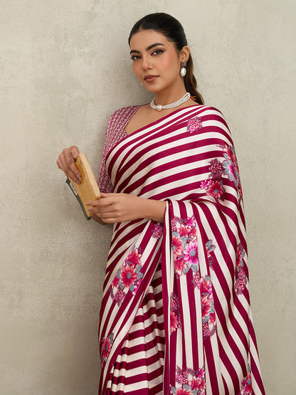 Monjolika Fashion Maroon Printed Satin Saree - Distacart