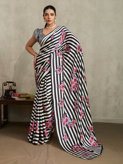 Monjolika Fashion Black Printed Satin Saree - Distacart