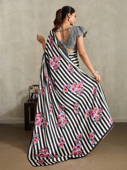 Monjolika Fashion Black Printed Satin Saree - Distacart