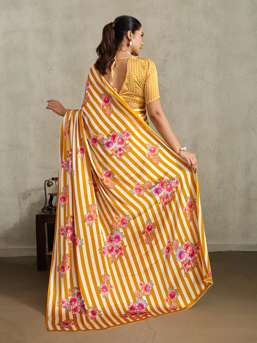 Monjolika Fashion Mustard Printed Satin Saree - Distacart
