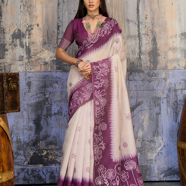 Monjolika Fashion Cotton Blend Cream & Plum Saree - Distacart