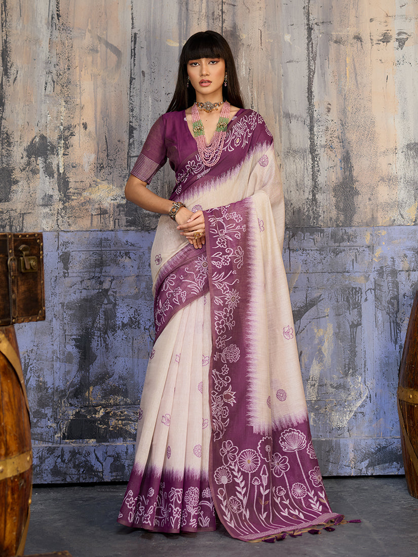Monjolika Fashion Cotton Blend Cream & Plum Saree - Distacart