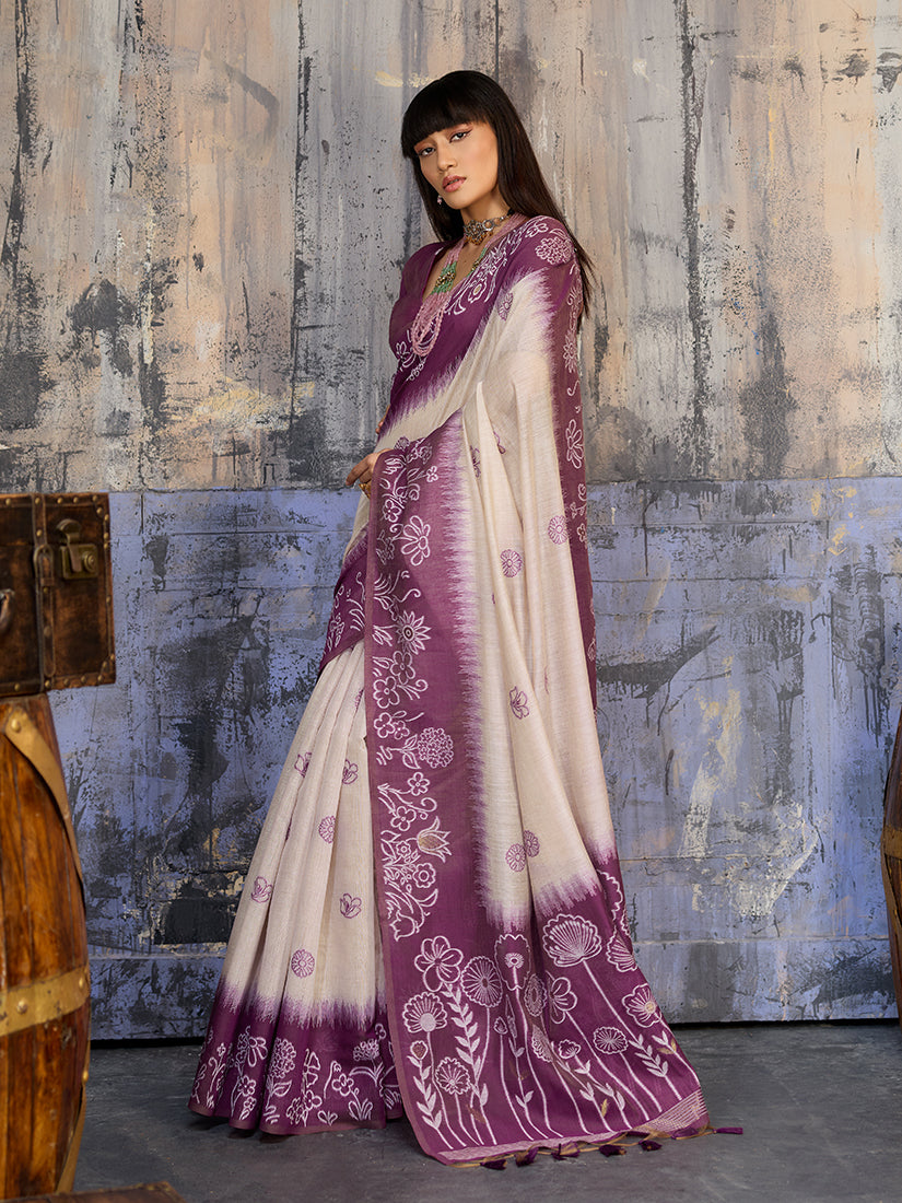 Monjolika Fashion Cotton Blend Cream & Plum Saree - Distacart