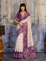 Thumbnail for Monjolika Fashion Cotton Blend Cream & Plum Saree - Distacart
