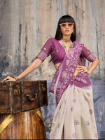 Thumbnail for Monjolika Fashion Cotton Blend Cream & Plum Saree - Distacart