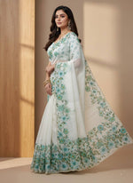 Thumbnail for Evanik Soft Crystal Organza With Floral Print With Pearls And Pipe Hand Work Saree With Unstitched Blouse - Distacart