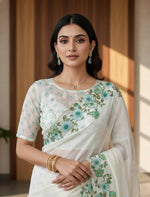 Thumbnail for Evanik Soft Crystal Organza With Floral Print With Pearls And Pipe Hand Work Saree With Unstitched Blouse - Distacart