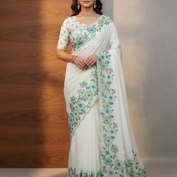 Evanik Soft Crystal Organza With Floral Print With Pearls And Pipe Hand Work Saree With Unstitched Blouse - Distacart