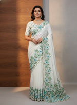 Thumbnail for Evanik Soft Crystal Organza With Floral Print With Pearls And Pipe Hand Work Saree With Unstitched Blouse - Distacart