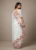 Thumbnail for Evanik Soft Crystal Organza With Floral Print With Pearls And Pipe Hand Work Saree With Unstitched Blouse - Distacart