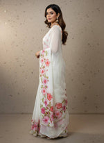 Thumbnail for Evanik Soft Crystal Organza With Floral Print With Pearls And Pipe Hand Work Saree With Unstitched Blouse - Distacart