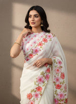 Thumbnail for Evanik Soft Crystal Organza With Floral Print With Pearls And Pipe Hand Work Saree With Unstitched Blouse - Distacart