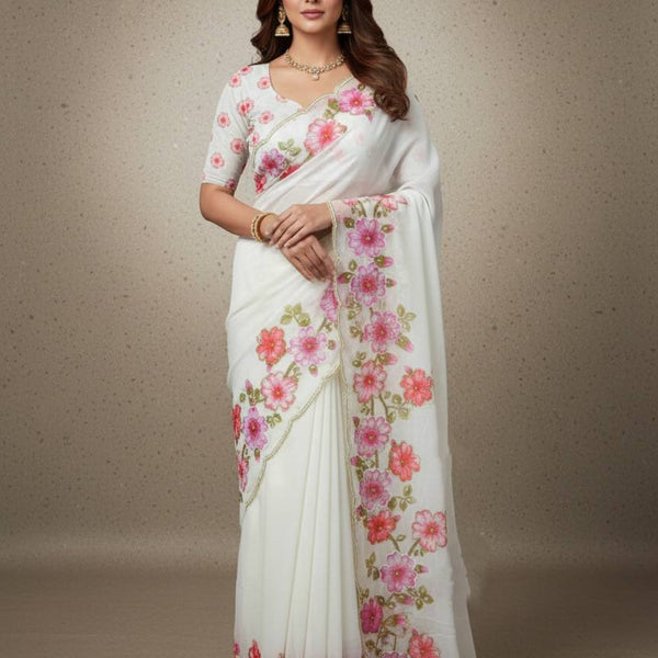 Evanik Soft Crystal Organza With Floral Print With Pearls And Pipe Hand Work Saree With Unstitched Blouse - Distacart