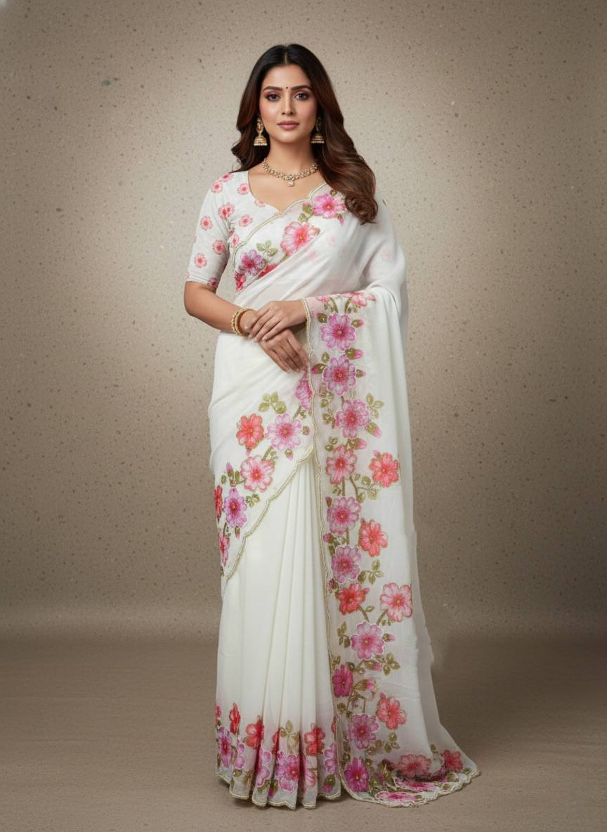 Evanik Soft Crystal Organza With Floral Print With Pearls And Pipe Hand Work Saree With Unstitched Blouse - Distacart