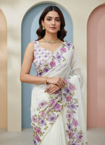 Thumbnail for Evanik Soft Crystal Organza With Floral Print With Pearls And Pipe Hand Work Saree With Unstitched Blouse - Distacart