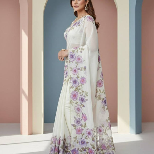 Evanik Soft Crystal Organza With Floral Print With Pearls And Pipe Hand Work Saree With Unstitched Blouse - Distacart