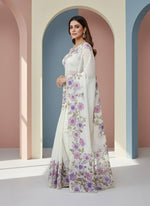 Thumbnail for Evanik Soft Crystal Organza With Floral Print With Pearls And Pipe Hand Work Saree With Unstitched Blouse - Distacart