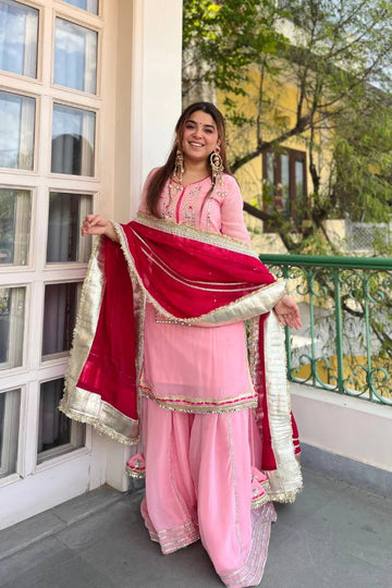 Yash Enterprise Pink Organza Silk Party Wear Embroidery Sharara Suit Set - Dista