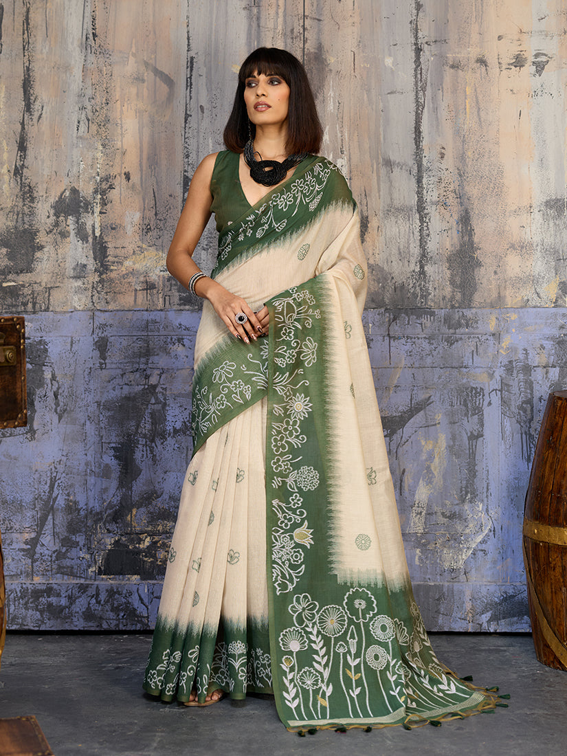 Monjolika Fashion Cotton Blend Cream & Olive Green Saree - Distacart