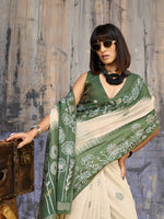 Thumbnail for Monjolika Fashion Cotton Blend Cream & Olive Green Saree - Distacart