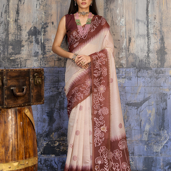 Monjolika Fashion Cotton Blend Cream & Brown Saree - Distacart