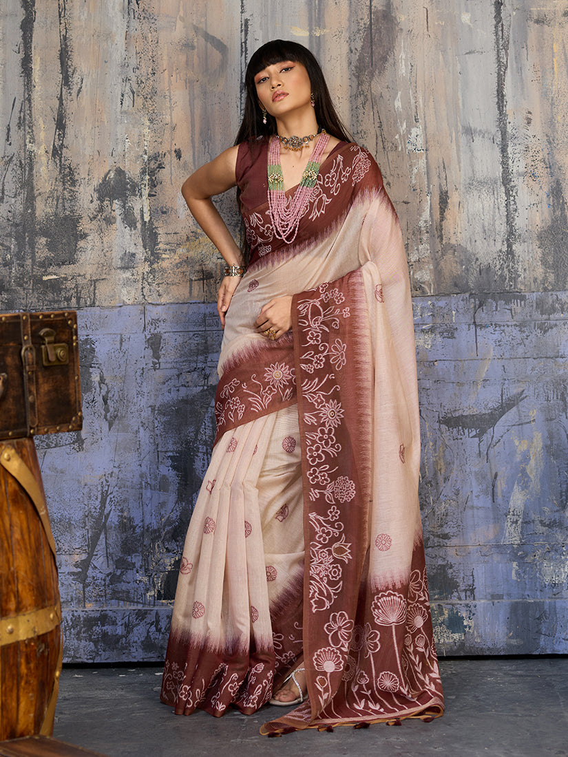 Monjolika Fashion Cotton Blend Cream & Brown Saree - Distacart