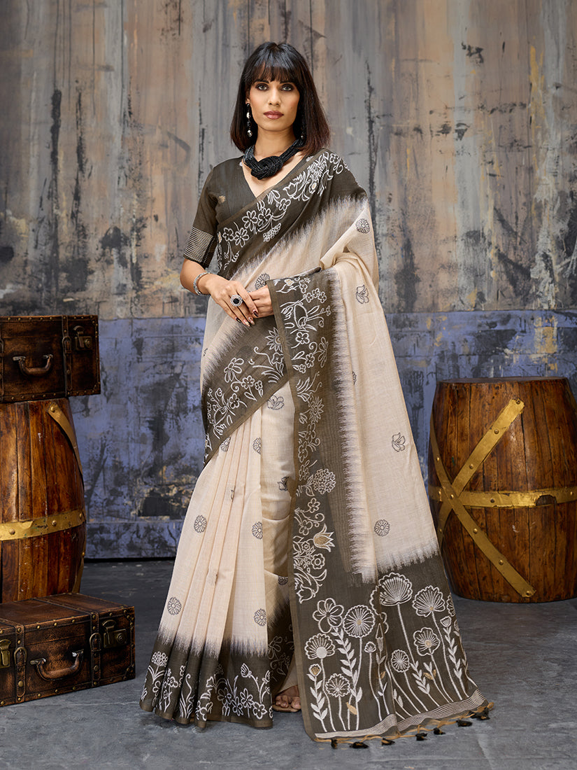 Monjolika Fashion Cotton Blend Cream & Black Saree - Distacart
