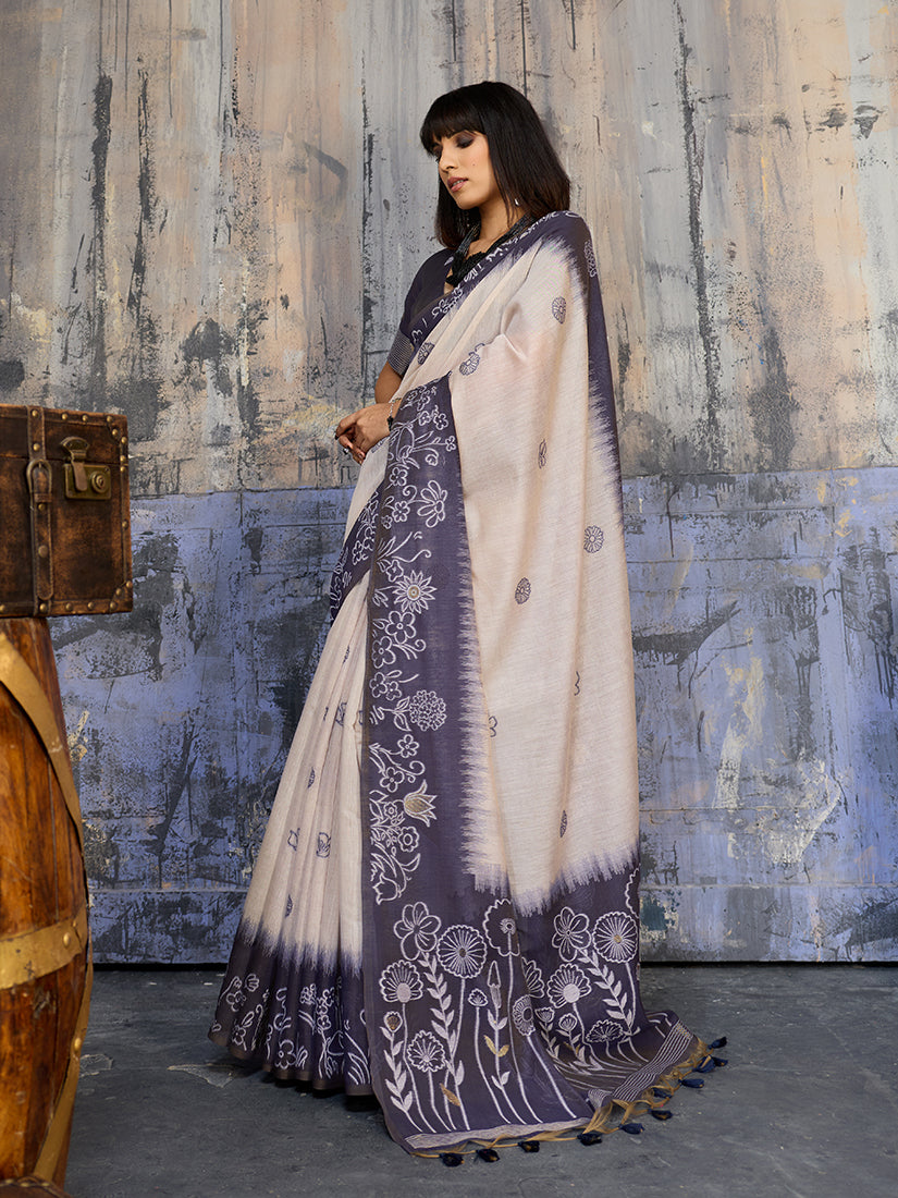 Monjolika Fashion Cotton Blend Cream & Navy Blue Saree - Distacart