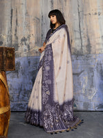 Thumbnail for Monjolika Fashion Cotton Blend Cream & Navy Blue Saree - Distacart