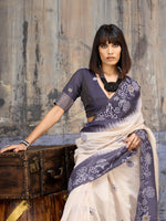 Thumbnail for Monjolika Fashion Cotton Blend Cream & Navy Blue Saree - Distacart
