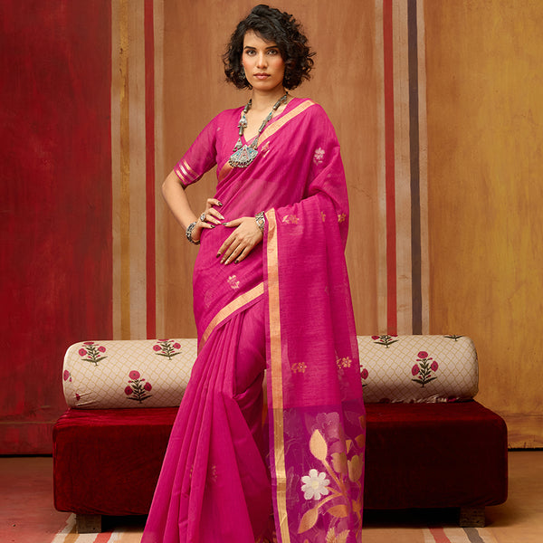 Monjolika Fashion Rani Pink Silk Blend woven Work Saree - Distacart
