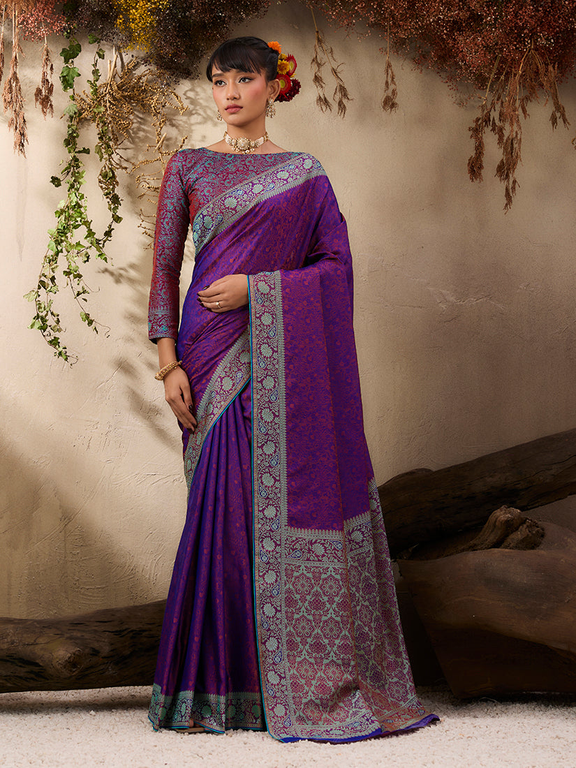 Monjolika Fashion Purple woven Kanjivaram Silk Blend Saree - Distacart