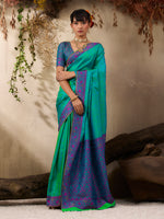 Thumbnail for Monjolika Fashion Turquoise woven Kanjivaram Silk Blend Saree - Distacart