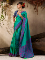 Thumbnail for Monjolika Fashion Turquoise woven Kanjivaram Silk Blend Saree - Distacart