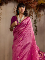Thumbnail for Monjolika Fashion Tussar Silk Blend woven Work Saree in Pink - Distacart