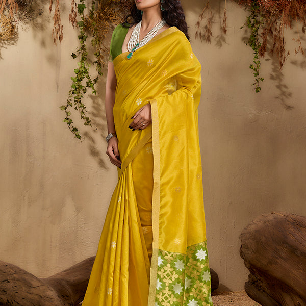 Monjolika Fashion Tussar Silk Blend woven Work Saree in Mustard - Distacart