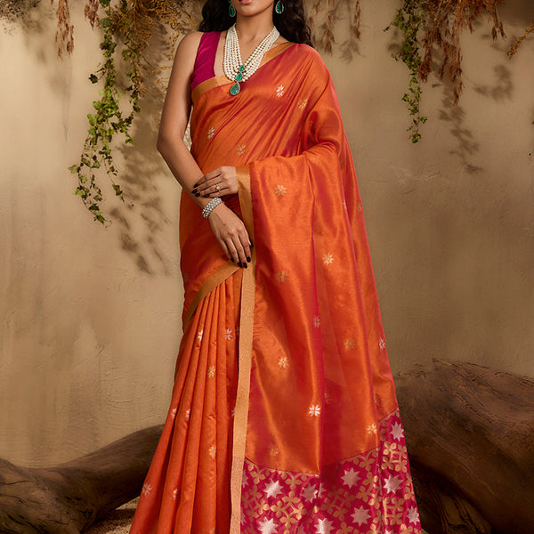 Monjolika Fashion Tussar Silk Blend woven Work Saree in Orange - Distacart