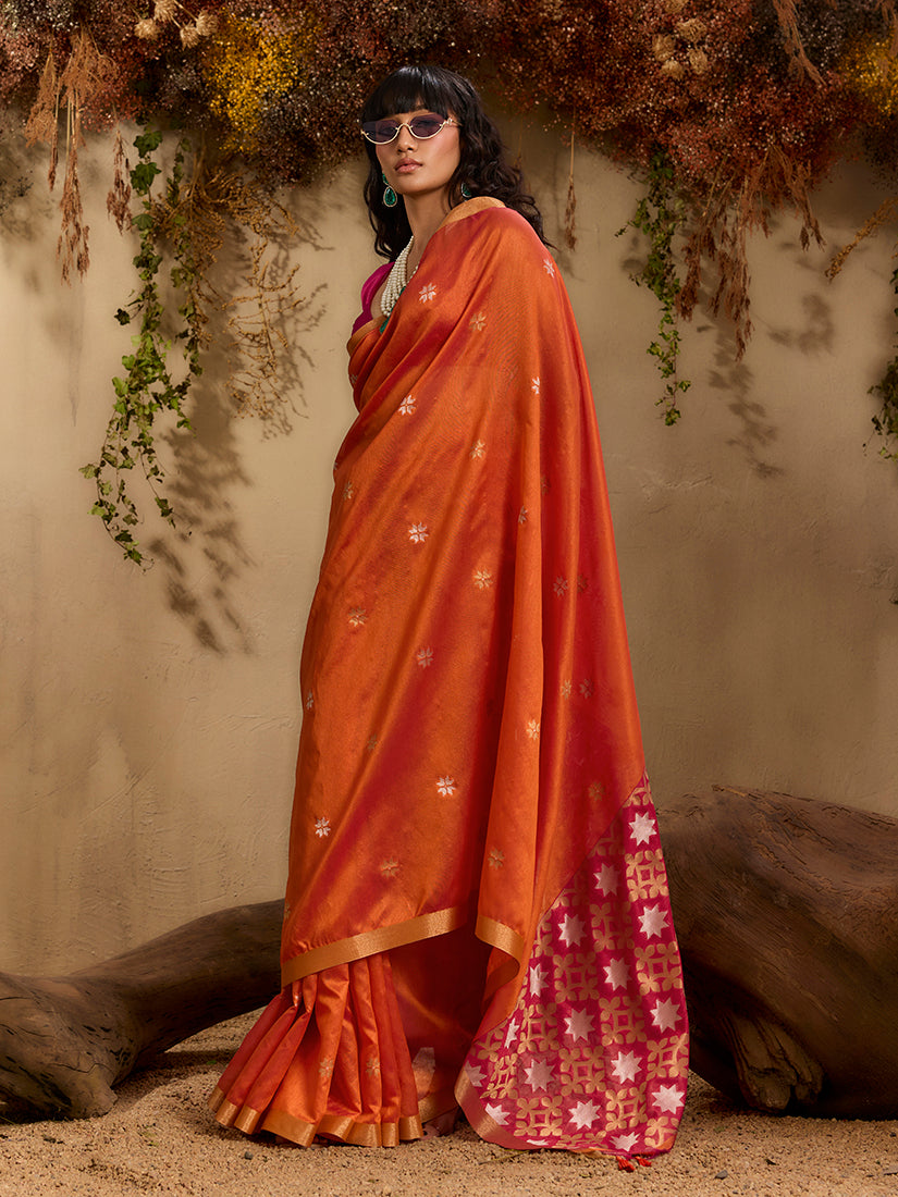 Monjolika Fashion Tussar Silk Blend woven Work Saree in Orange - Distacart