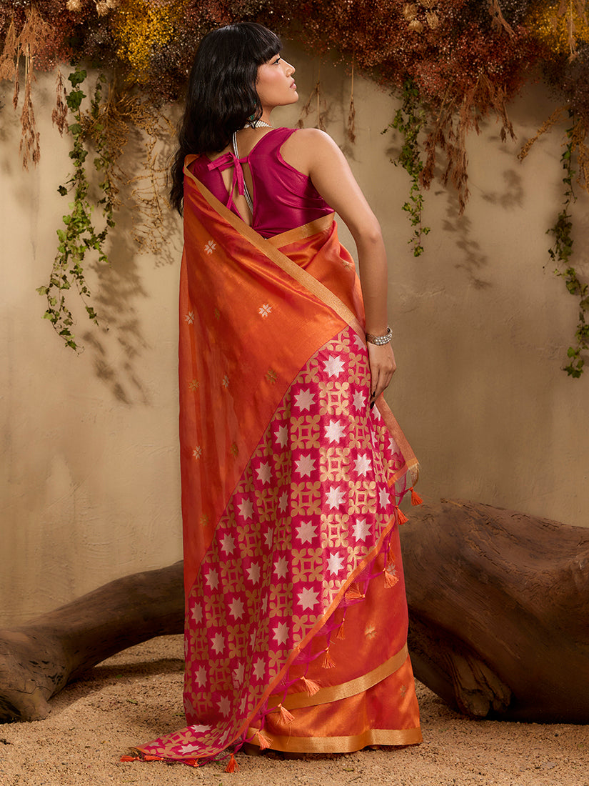 Monjolika Fashion Tussar Silk Blend woven Work Saree in Orange - Distacart