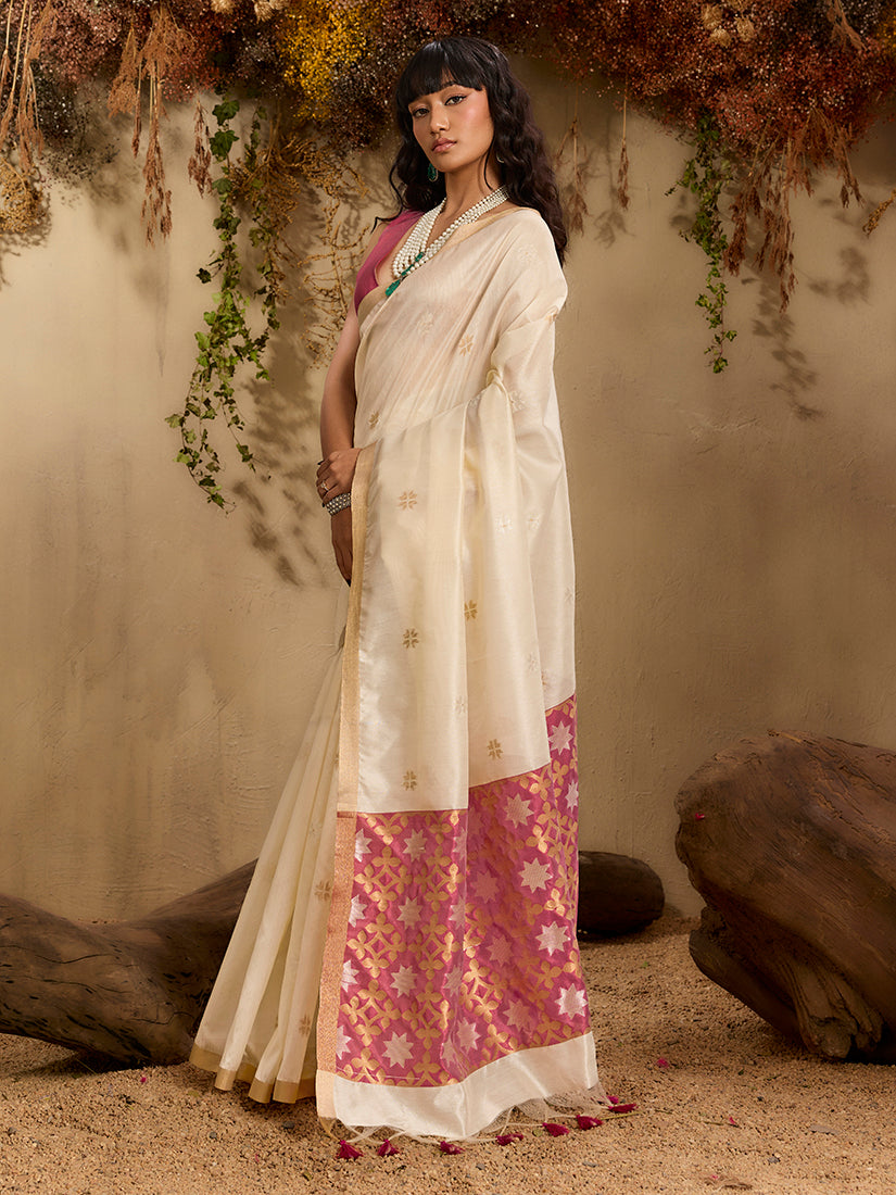 Monjolika Fashion Tussar Silk Blend woven Work Saree in Off White - Distacart