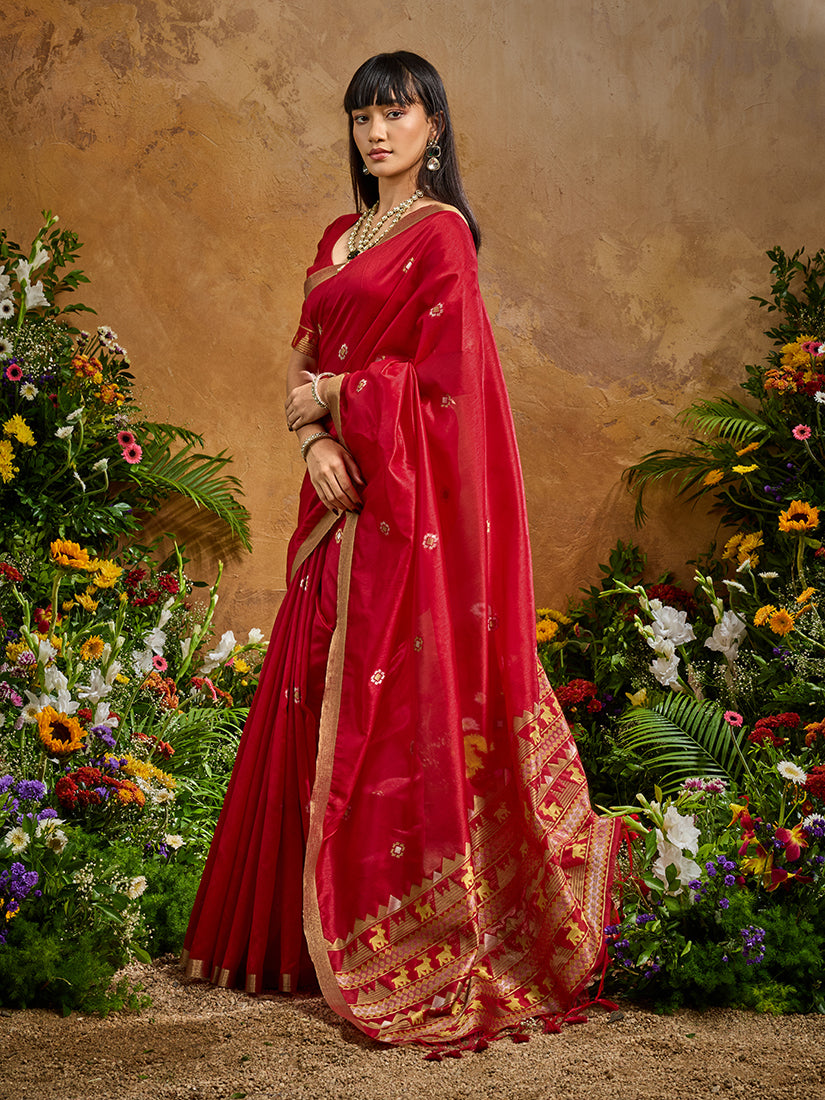 Monjolika Fashion Red Tussar Silk Blend woven Work Saree - Distacart