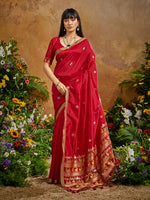 Thumbnail for Monjolika Fashion Red Tussar Silk Blend woven Work Saree - Distacart