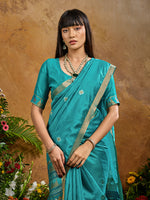 Thumbnail for Monjolika Fashion Aqua Blue Tussar Silk Blend woven Work Saree - Distacart